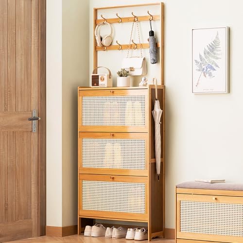 Shoe Cabinet with 3 Rattan Flip Drawers, Bamboo Shoe Storage Cabinet with Coat Hooks, Freestanding Shoe Cabinet Storage for Entryway, Hallway, Closet, Living Room