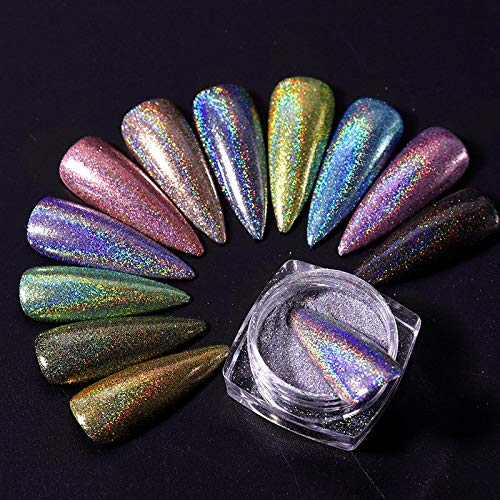 1g Caja Láser Nail Glitter Powder Nail Art Pigmento Polvo Manicura Decoración Efecto de espejo mágico holográfico Cover