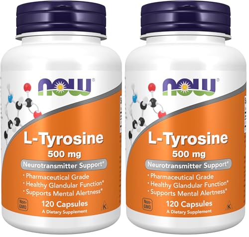 Image of NOW Supplements, L-Tyrosine 500 mg, Supports Mental Alertness*, Neurotransmitter Support*, 120 Capsules (Pack of 2)
