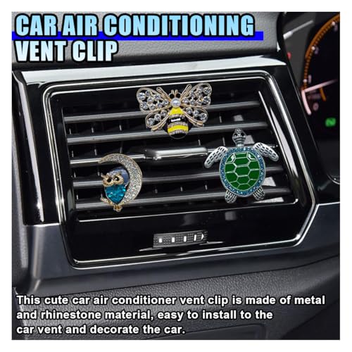 Image of 3PCS Bling Bee Car Dashboard Air Vent Trim Clips, Crystal Rhinestone Air Vent Clips, Car Aromatherapy Diffuser Decoration Clip, Auto Interior Accessories for Women (Turtle+Bee+Crescent Owl)