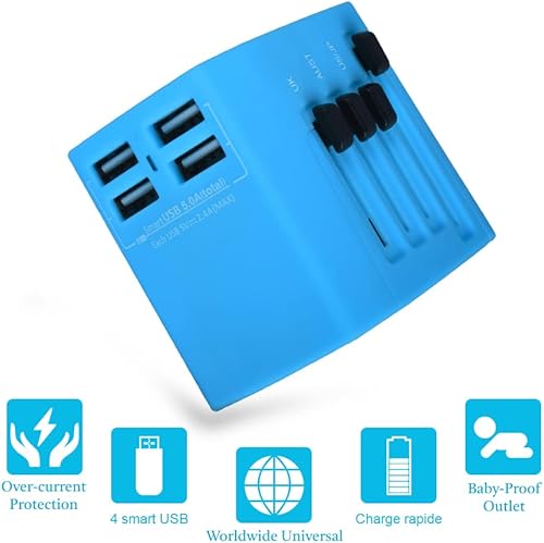 Miniatura 6 de Adaptador de corriente de viaje universal en todo el mundo, adaptador internacional de 2000 W con 4 puertos USB, Reino Unido, UEAUEE. UU. (más de