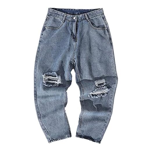 HDDNZH Herrbyxor – jeans trasiga hålbyxor herr rippade raka rör lös vintage tvättad denim streetwear byxor fickor L storlek byxor för män svett joggers underdel, S