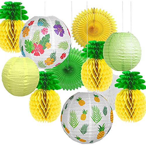11 pcs Hawaii Tropical Party Kit de décoration pour fête à thème ananas Décoration de fête d'anniversaire mariage lanternes en papier et ananas Boules en nid d'abeille