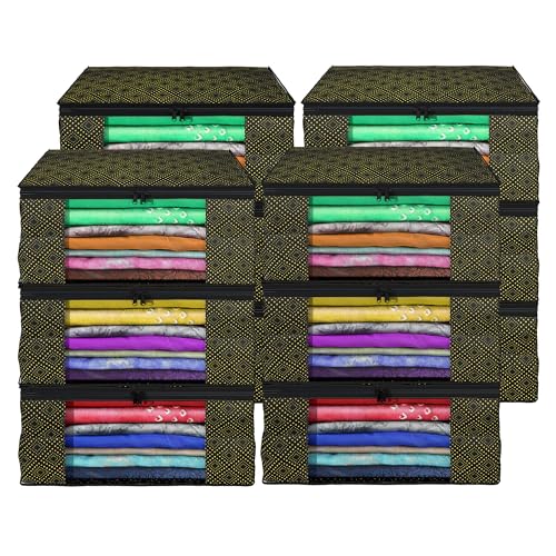 Image of Kuber Industries (Pack of 12) Saree Covers | Foldable Storage Bag for Almirah & Wardrobe | Non-Woven Saree Bags (9 Inch) Clothes Bag for Women (Golden Dot) Sari Cover Bags | Black