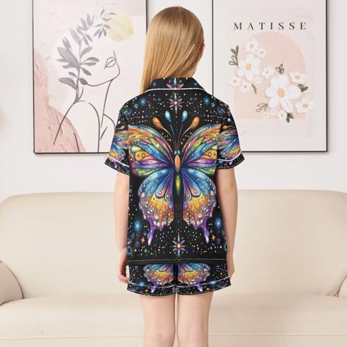 ALAZA Multi Color Butterfly Star Satin Pajamas Set Short Sleeve Button Down Sleepwear Summer Pjs 2 Piece4