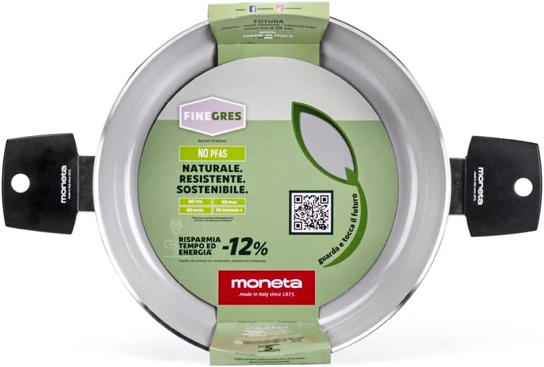 Moneta Futura Saucepan 28 cm, Natural FineGres Coating (NO PFAS), Also Suitable for Induction. 100% Made in Italy
