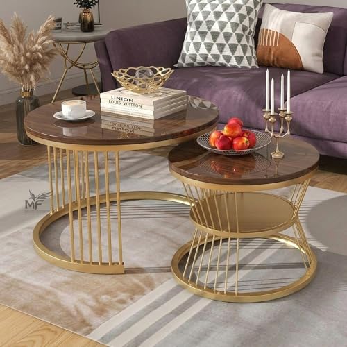 Image of MELVON Lightweight Nesting Coffee Table Set of 2, Golden Frame with Walnut Finish Top, Space Saving Round Center & Side Table for Living Room