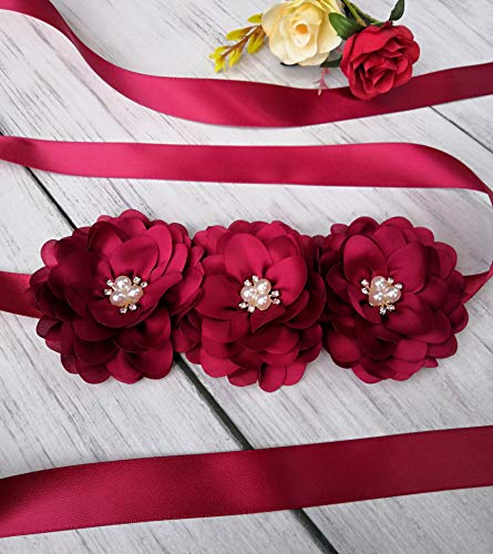 Oyabridal Flower Girl Sash Belt For Dresses Bride/Bridesmaid Sash Belts Flower Pearls Sashes For Wedding Dress (Burgundy) #TOP2