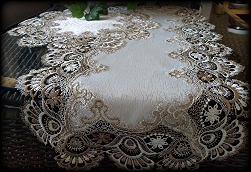Galleria Di Giovanni Table Runner Dresser Scarf Taupe Lace Antique White Plus One Doily Earth Set #TOP5