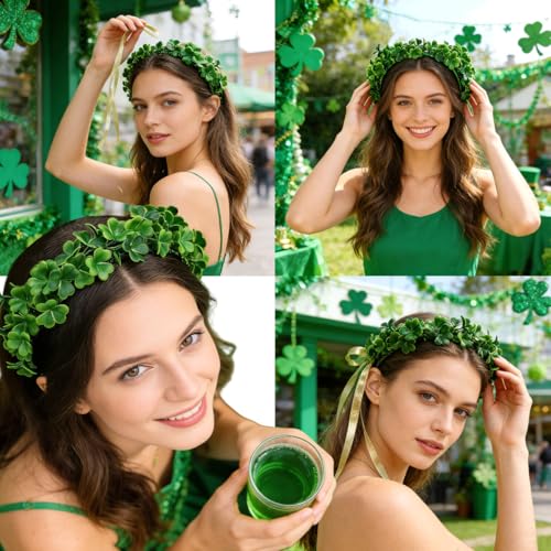 QXFJWRW 1Pcs St. Patrick\'s Day Headband Green Artificial Flower Wreath Headpiece Lucky Shamrock Clover Hair Accessories Irish Holiday Hair Bands for Women Saint Patrick\'s Day Party Accessories - Thumbnail 2