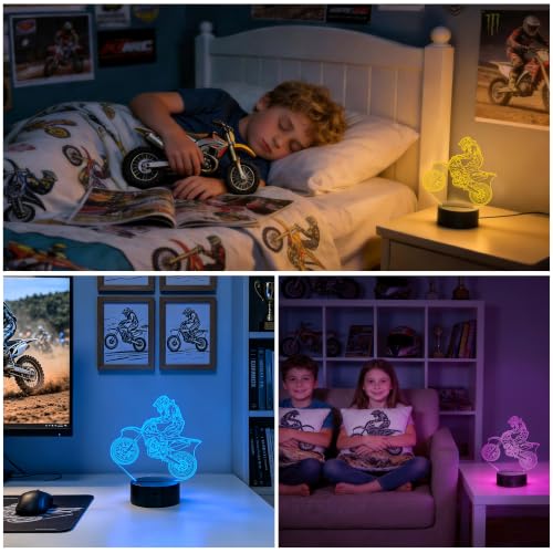 Image of FULLOSUN Dirt Bike Gifts, Motocross 3D Night Light for Kids for Xmas Holiday Birthday Gifts for Kids Motorcycle Fan with Remote Control 16 Colors Changing + 4 Changing Mode + Dim Function