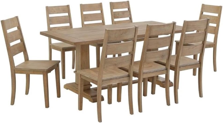 BOWERY HILL 9-Piece Modern Farmhouse Dining Set, Rustic Brown Finish, Knotty Oak with White Wire-Brushing, Ladder Back Chairs and Trestle Base Table, Seats 8, Ideal for Kitchen or Dining Room Use