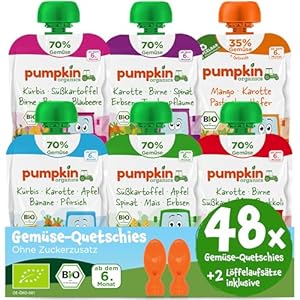 Pumpkin Organics 48er Pack ERSTE LIEBE Bio Gemüse Quetschies mit 2 Löffelaufsätzen – Quetschie ohne Zuckerzusatz – Babynahrung für Babys ab dem 6. Monat – vegetarisch (48x100g)