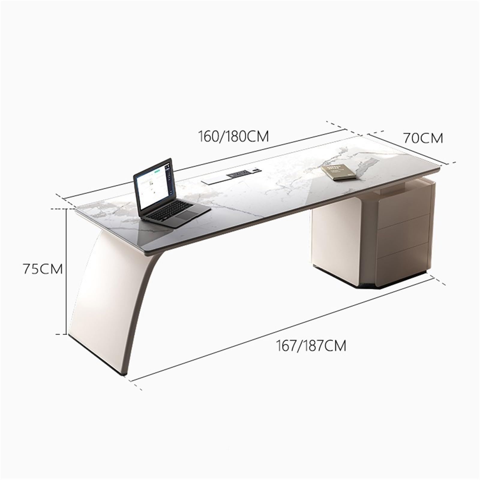 Acrittura Scrivania direzionale da ufficio con piano in lastra di roccia mobiletto portaoggetti(M)
