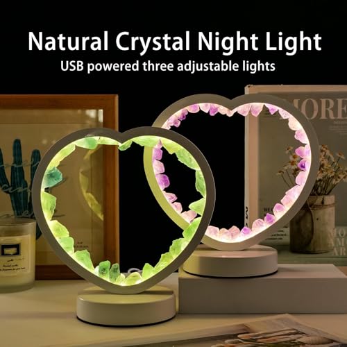 Image of Runyangshi Natural Crystal Night Lamp Heart Shape Bedroom Bedside Sleep Night Light Healing Crystal Gemstone Citrine Light Tri-Color Ambient Light USB Powered for Home Decor Mother's Day Gift