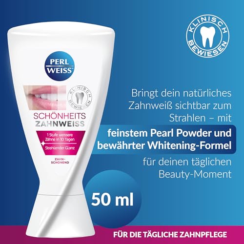 PERLWEISS Schönheits Zahnweiss Whitening Zahncreme - mit einzigartigem Pearl Powder gegen Verfärbungen - für sichtbare Zahnaufhellung, strahlenden Glanz & Zahnschmelzschutz, 50 ml