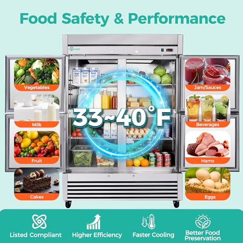Image of COOLCHEF 54 inch Commercial Refrigerator 49 Cu.Ft, Stainless Steel 4-Door Reach-in Fridge, 33-40℉, Air Cooling, LED Light, 6 Shelves, R290, ETL