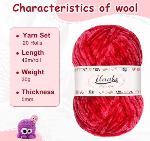 ilauke Chenille Wolle zum Häkeln 20 x 30g (20 x 42m) - Samt Chenille Garn zum Stricken und Häkeln Mit Nadeln, Häkelzubehör und Handtasche - Babywolle zum Stricken Weich für Amigurumi, Schal, Decken