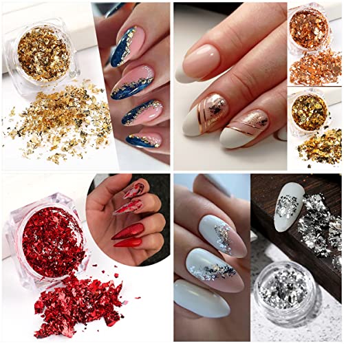 Holographic Glitter Nail Foil Flakes 3D Sparkly Aluminum Foil Sequins Nail Art Supplies Rose Gold Red Silver Glitter Foils Flake Mirror Powder Nail Designs For Acrylic Nail Art Decoration (4Boxes) #TOP5