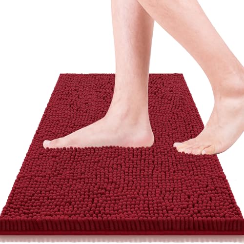 Bathroom Rugs 23x15,Super Absorbent Soft,Thick,Machine Washable Chenille Bath Mat,Non Slip Toilet Floor Rug,Bath Mats for Bathroom Floor, Home Decor Accessories,Burgundy