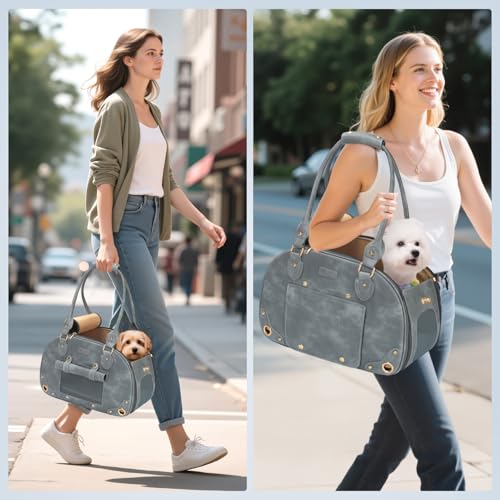 Image of Dog Carrier Purse, Pet Bag Bling Waterproof Premium Leather Pet Travel Portable Bag for Cat and Small Dog Home & Outdoor Small Grey