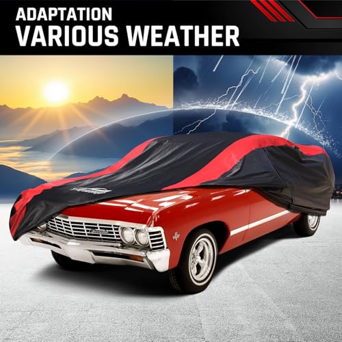 Image of Car Cover Custom Fit for Chevy Impala /Biscayne 2-Door /4Door 1958-1970 | Red Strip Design, Cotton Liner for Paint Protection, Sun Rain Snow UV Proof, Door Zipper, Windproof Buckle, Storage Bag