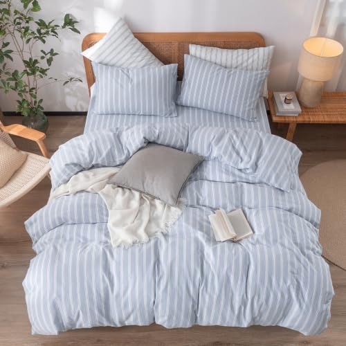 Image of BESTOUCH Striped Cotton Duvet Cover Set Linen Feel Alaska King | 100% Washed Cotton, Soft Wrinkle Texture, Hidden Zipper, 8 Ties, Breathable Lightweight Durable Comfy, 3 Pcs No Insert