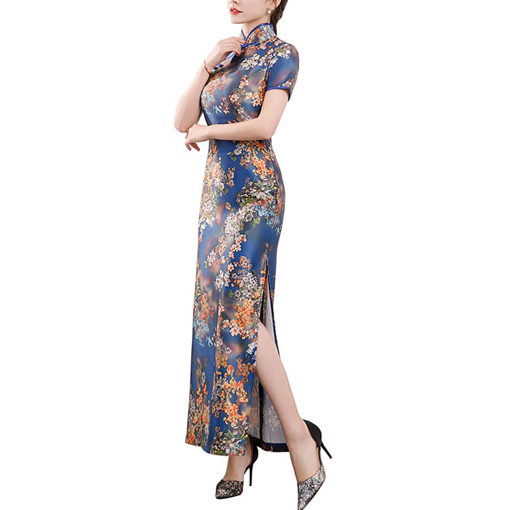 Women's Elegant Floral Satin Long Cheongsam Short Sleeve Mandarin Collar High Split Maxi Dress Traditional Chinese Qipao