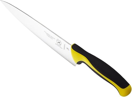 Vista 197 de Mercer Culinary Millennia Colors - Cuchillo Santoku, borde Granton de 7 pulgadas, color rojo