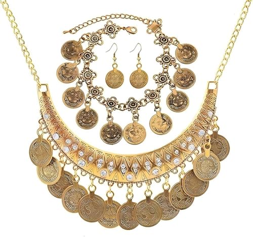 3PC Bohemian Coin Necklace Bracelet Earrings Set Gypsy Women's Jewelry