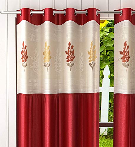 Image of Polyester Floral Patch Printed Curtains for Home Decor, Windows, and Long Door (Set of 2 Pcs, Maroon, 5 Feet)