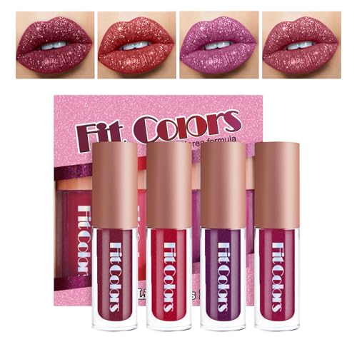 Brillo Labios Purpurina, Barra de Labios Líquida con Purpurina, Barra de labios líquida de 4 colores, Barra de labios de larga duración con purpurina, barra de labios antiadherente y resistente al agu