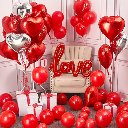 PartyWoo Valentines Balloons, 50 pcs Valentine Decorations, Love Balloons, Heart Balloons, Red Ribbons, Red Balloons for Valentines Day Decorations, Valentines Day Decor, Valentines DÃ©cor 50 Pcs-1286