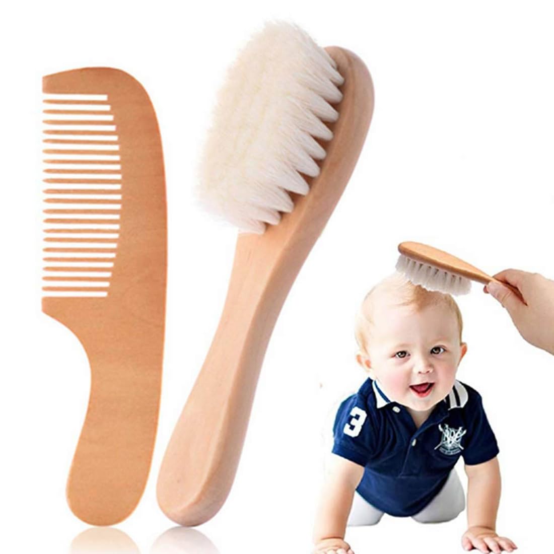 Brosse Cheveux Bébé, 2 Pièces, Bois Naturel Brun, Poils De Chèvre Doux, Pour Nourrissons Tout-Petits, 15Cm Longueur X 4Cm Largeur