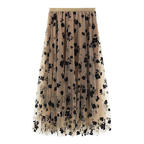 CHARTOU Women's Cute High Waist Floral Mesh Layer Flared A Line Midi Long Skirts (One Size, Khaki)