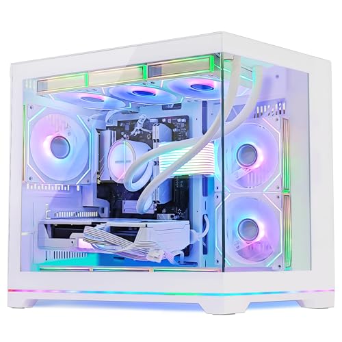 HOENGAGER Superview Gaming PC AMD Ryzen 7 9800X3D 6-Core 3.9GHz, Radeon RX 9070 16GB,16GB DDR5 RAM,1TB PCIe +1TB SATA SSD, WiFi&BT Prebuilt PC 850W PSU,Liquid Cooler,Windows 11, White