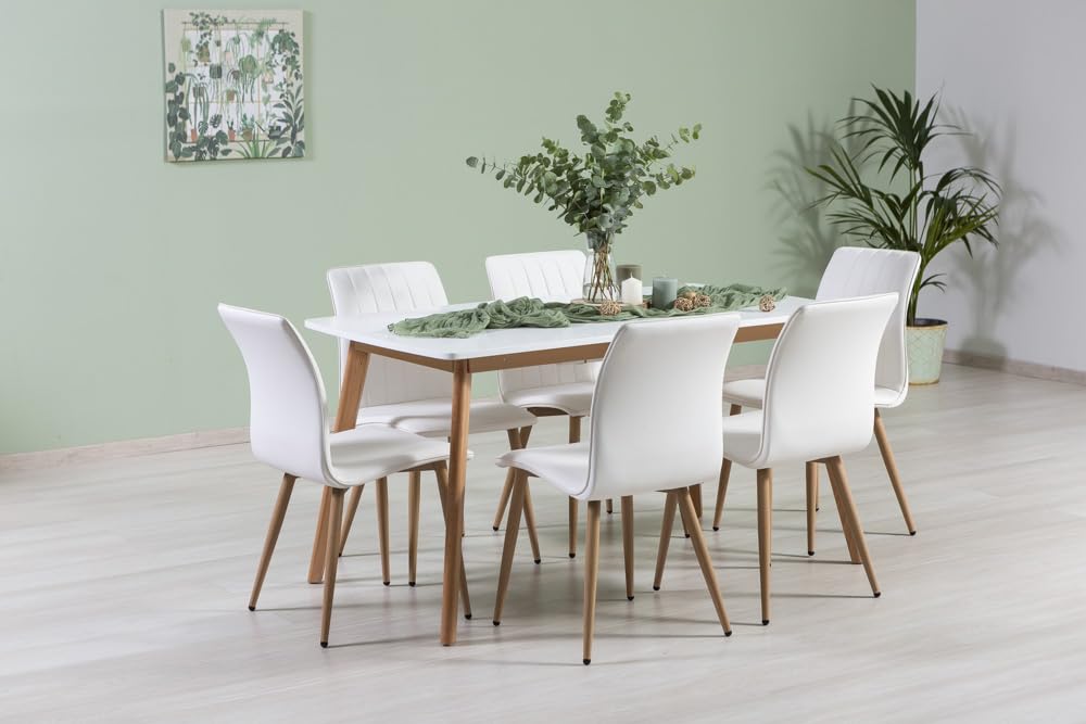 Set Tavolo da Pranzo rettangolare allungabile 140-180x80 cm con 6 Sedie imbottite bianche ecopelle, stile scandinavo con gambe effetto legno, tavolo e sedie da cucina o sala da pranzo per 6 persone