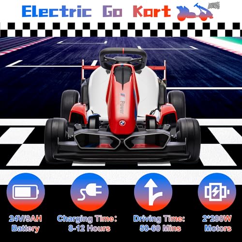 Electric Go Kart with Adjustable Seat, 24V 9AH Drift Kart with Dual 200W Motors, Crazy Go Cart for Kids Ages 6-12, Licensed BMW, LED Lights, Drift Mode and 2 Speed (Red) - Thumbnail 3