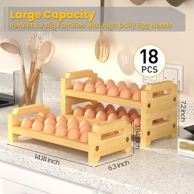 Egg Holder Countertop, 3-Tier Stackable Wooden Egg Holder for 54 Eggs, Space Saving Countertop Organizer, Multi-Size Egg Storage Rack for Chicken Duck Turkey Quail Eggs, Natural