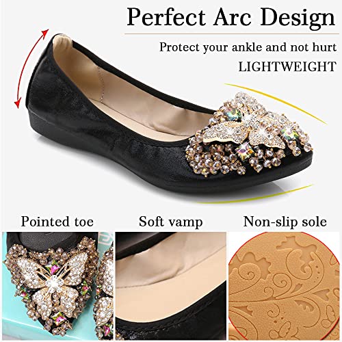 Women's Ballet Flats Foldable Casual Sparkly Rhinestone Wedding Comfort Slip on Walking Flat Shoes Ballerina Shoes3