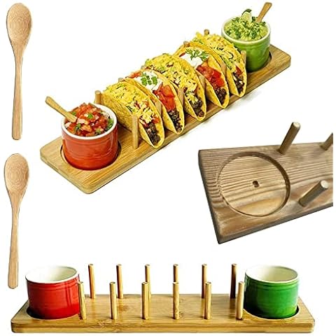 Taco Holder, Holds Up to 5 Tacos Birch Taco Stand and Appetizer Tray Stand with Wooden Spoons Dishwasher Safe, Taco Holder Stand for Restaurant and Home (1Pcs) Cover