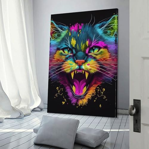 Toile chat pop art décoration murale colorée pour toilettes et salle de bain