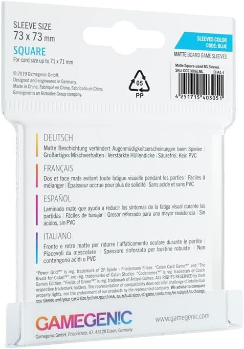 Gamegenic Matte Board Game Sleeves - Size Code BLUE - Square Sized (73mm x 73mm) (50 Sleeves Per Pack)