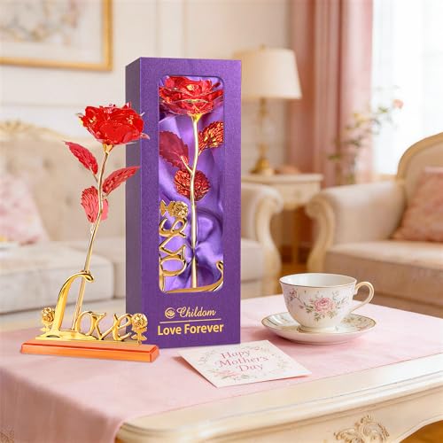 Childom Mothers Day Rose Gifts for Mom,Birthday Gifts for Women,Mothers Day Flowers Gifts for Mom from Daughter Son,Red Artificial Flower Gift with Love Stand for Wife,Grandma,Daughter,Anniversary