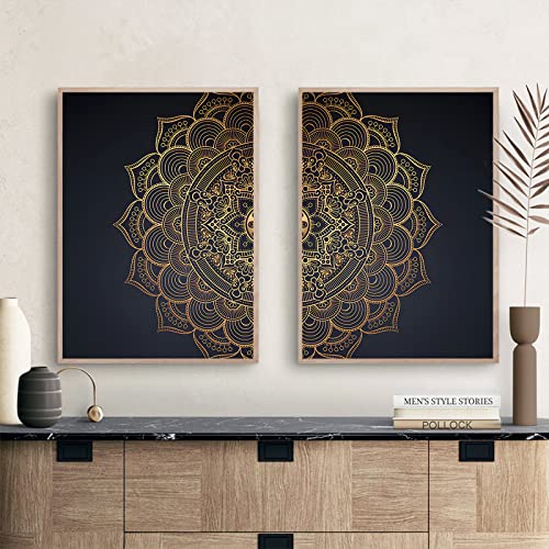 Boho Mandala Pictures Vintage Flower Pattern Canvas Wall Art Mandala Picture Black And Gold Flower Painting Abstract Mandala Wall Art Moroccan Poster Black And Gold Flower Painting 16X24Inx2 Frameless #TOP6
