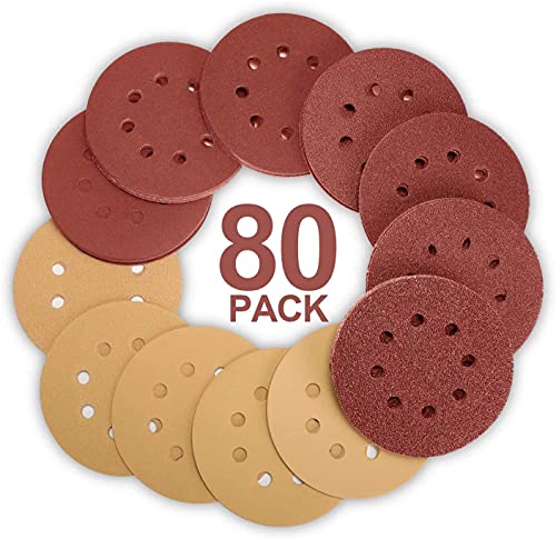Jellas 80 pcs Sanding Discs, 5 Inch 8 Hole Hook and Loop Sandpaper for Random Orbital Sander 40 60 80 120 180 240 320 Grits