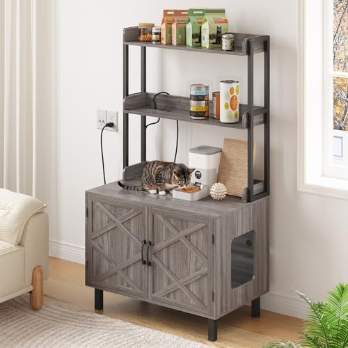 Image of ONBRILL 55 Inches Cat Litter Box Enclosure with 2 Storage Shelves, Grey