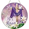 He is Risen Easter Cross Sign for Front Door DecorReligious Christian Cross Lily Flowers Wooden Sign 11x 11 Round Spring Hanging Door Sign Decoration for Wall Rustic Decor