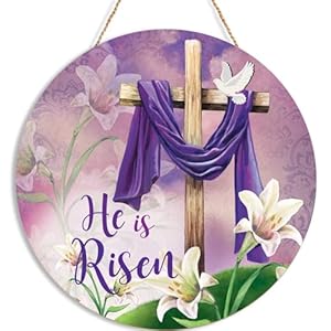 He is Risen Easter Cross Sign for Front Door DecorReligious Christian Cross Lily Flowers Wooden Sign 11x 11 Round Spring Hanging Door Sign Decoration for Wall Rustic Decor