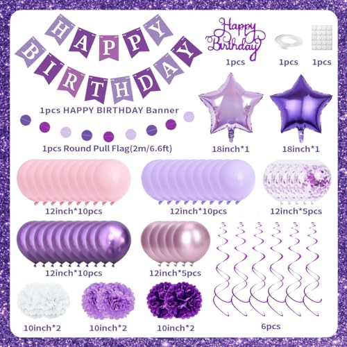Miniatura 2 de Decoraciones De Cumpleaños Moradas Para Mujeres Y Niñas, Pompones De Globos De Pancarta De Cumpleaños Moradas, Decoraciones De Feliz Cumpleaños Con Guirnalda, Kit De Globos Morados Para Fiesta
